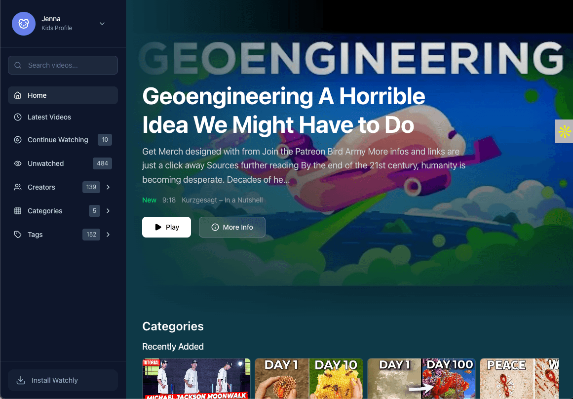 Watchlys barnvy med ett videobibliotek godkänt av föräldern
